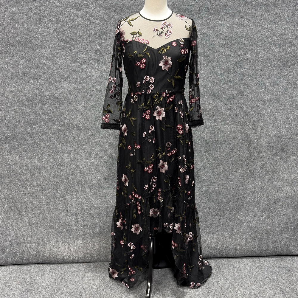 Shoshanna Dress Womens 6 Black Floral Embroidered Mesh Illusion Maxi Gown